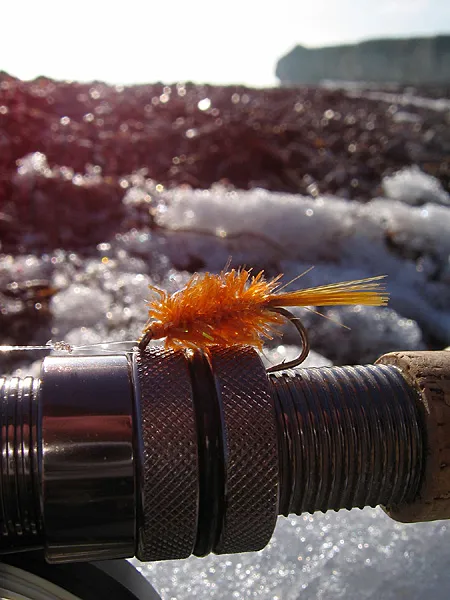 The result: a Glitter Shrimp - The perfect winter fly in a perfect winter setting. By going low I managed to get the coast visible in the background.